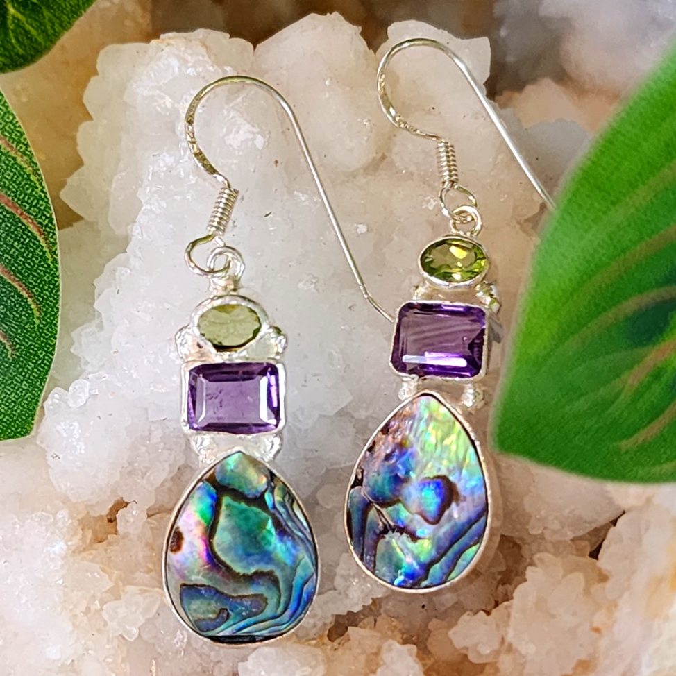Abalone Amethyst And Peridot Earrings Set In 925 Sterling Silver 109$